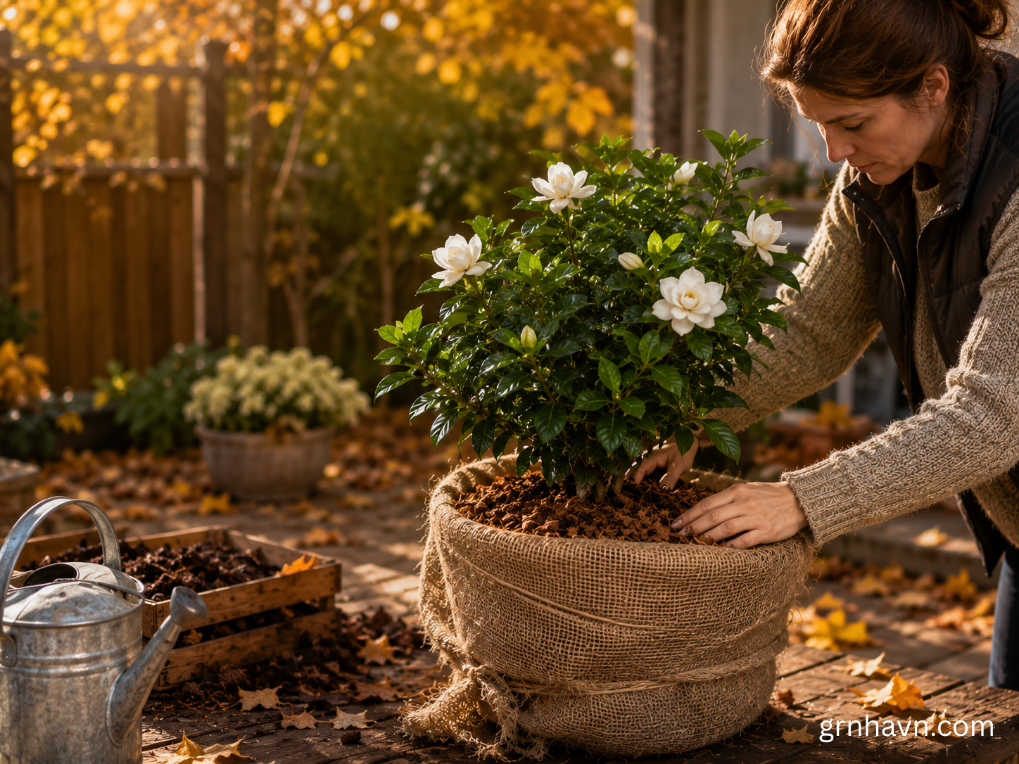 Gardenia in a pot protected for winter