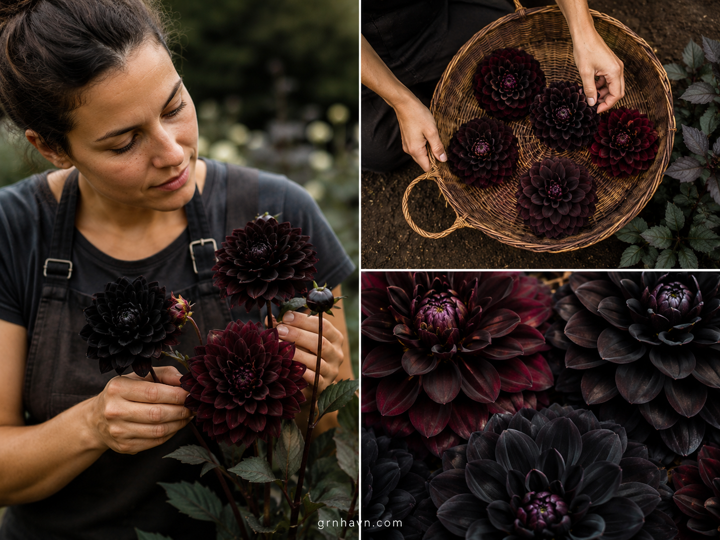 Close-up of deep purple mahogany tones in black dahlia flowers