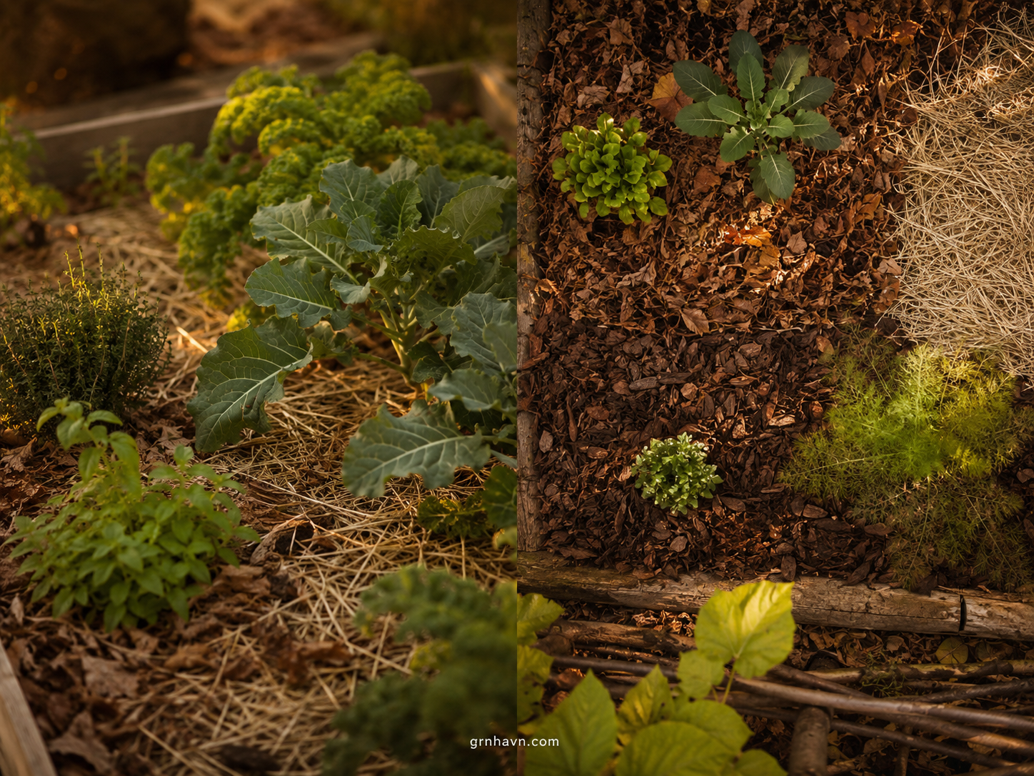 Organic mulching with straw and shredded leaves in a fall garden bed