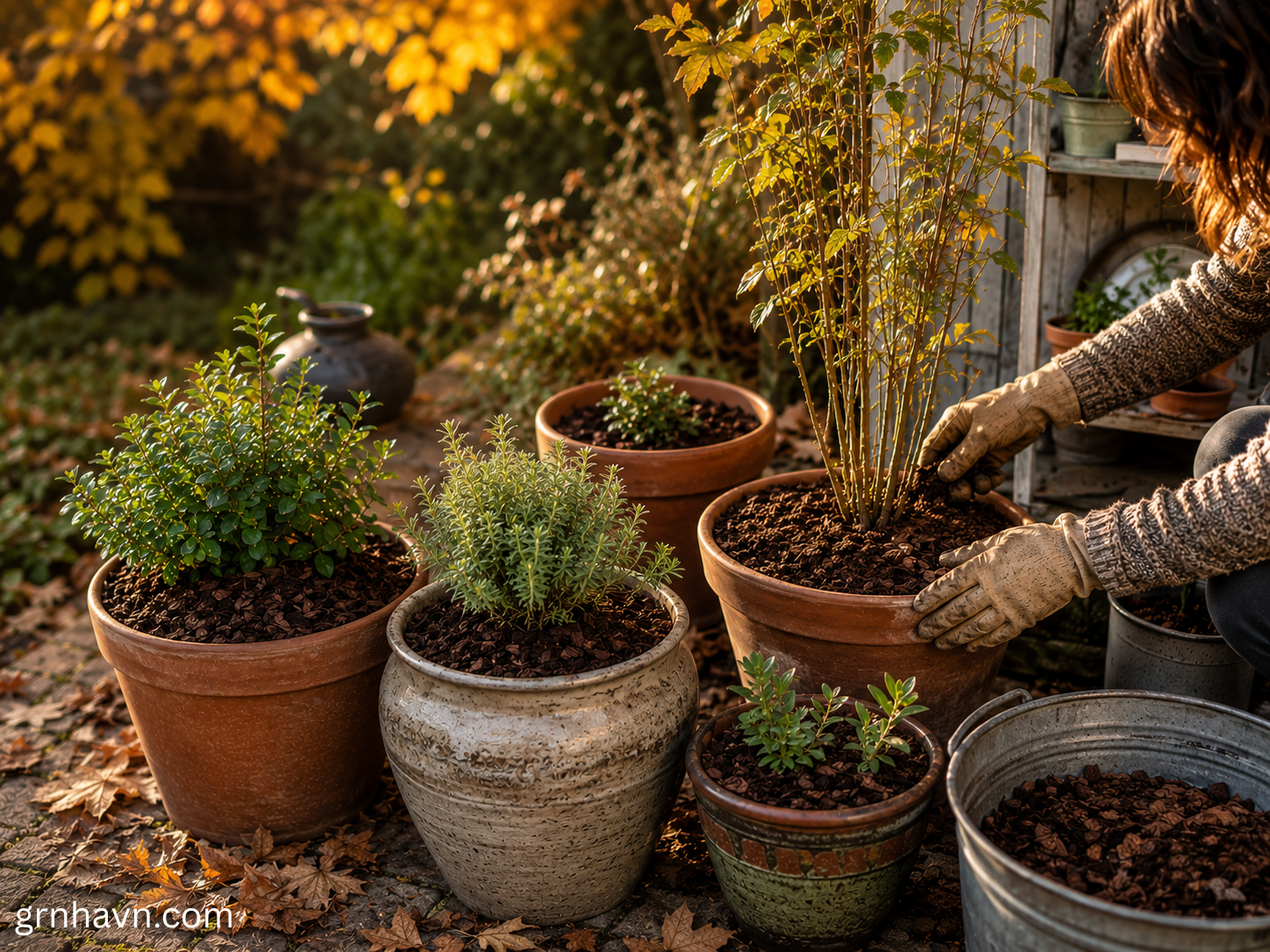 Final layer winterized pots with insulation and mulch