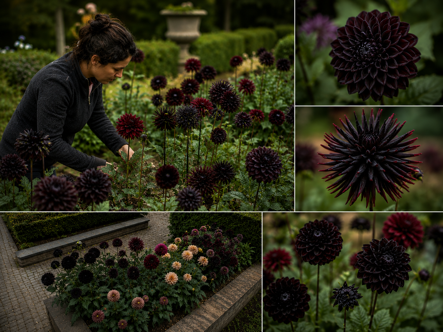 Black dahlia flowers variety selection with near-black purple burgundy petals