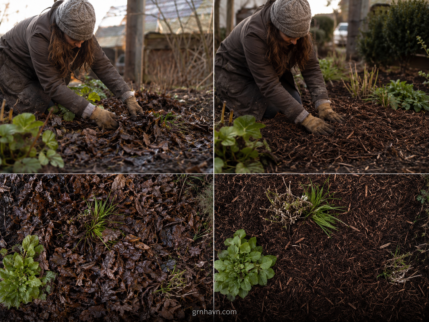 Rescuing winter mulching mistakes: fluffed leaves and corrected crown gap