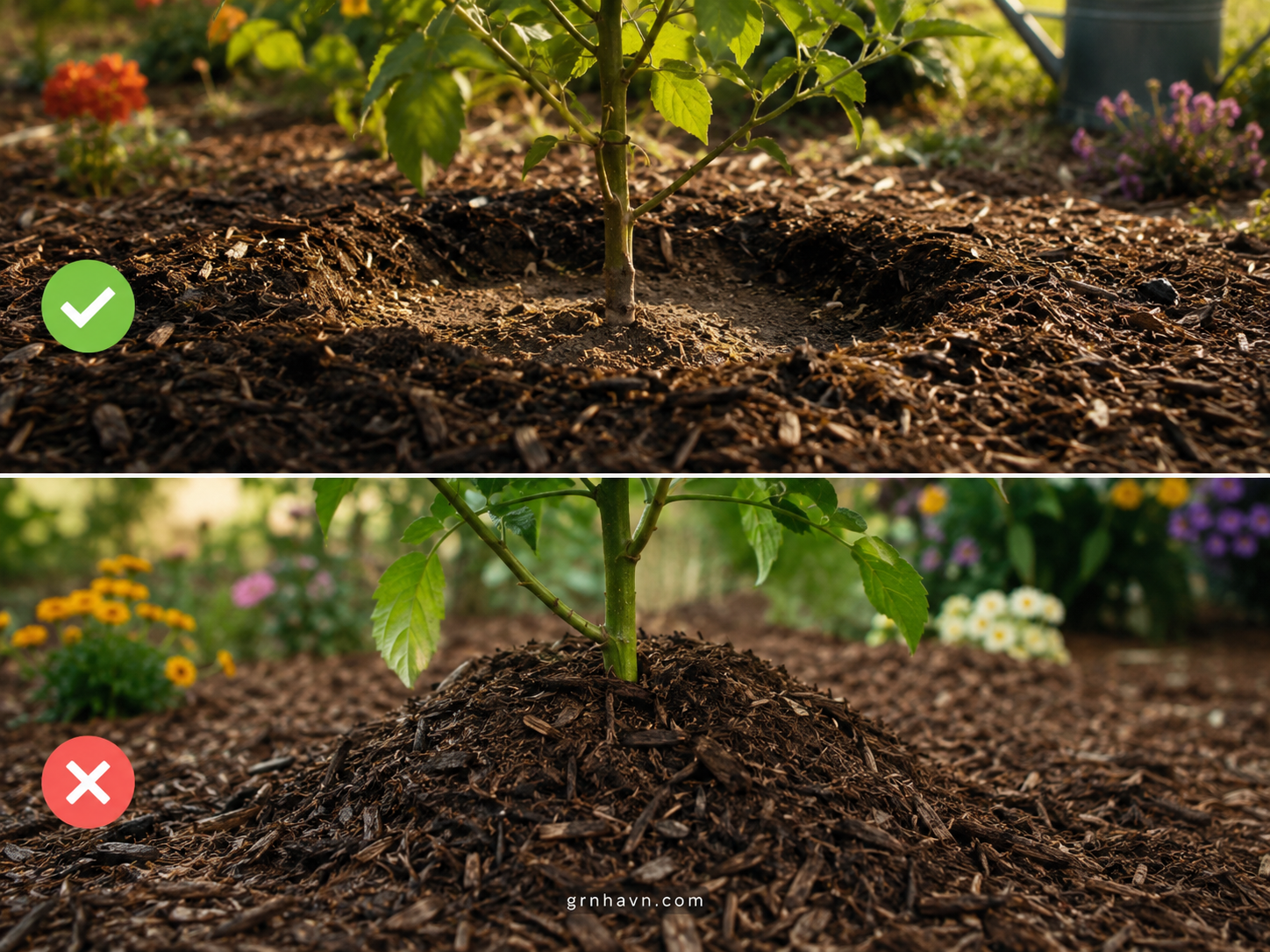Garden bed showing where mulch should and shouldn't touch stems in fall
