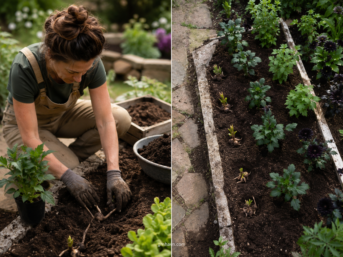 Outdoor black dahlia planting in full sun with well-draining soil for near-black blooms