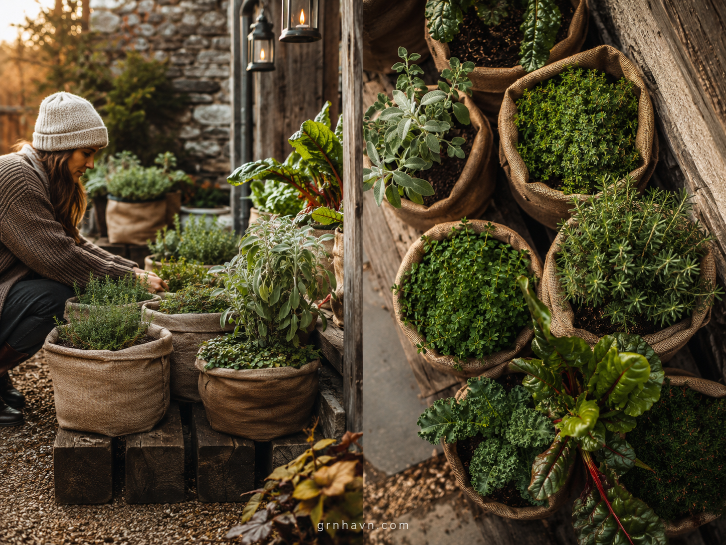 Potted plants insulated for winter with protective wrap