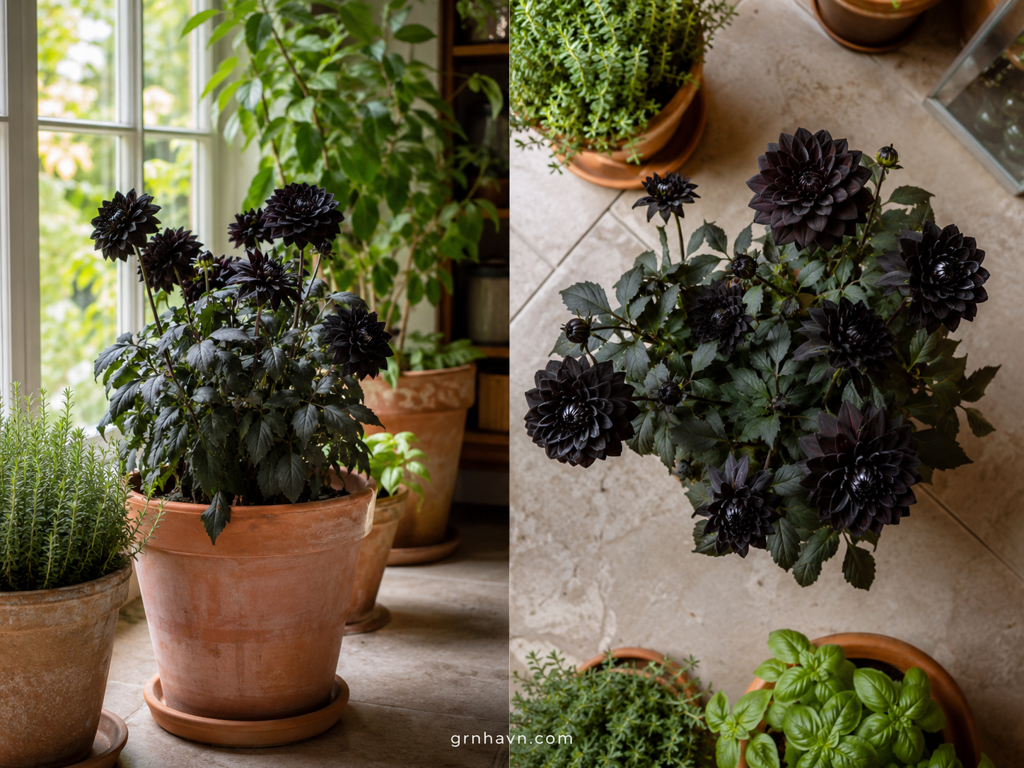 Indoor dahlia in pots setup with strong light for dark black dahlia flower blooms