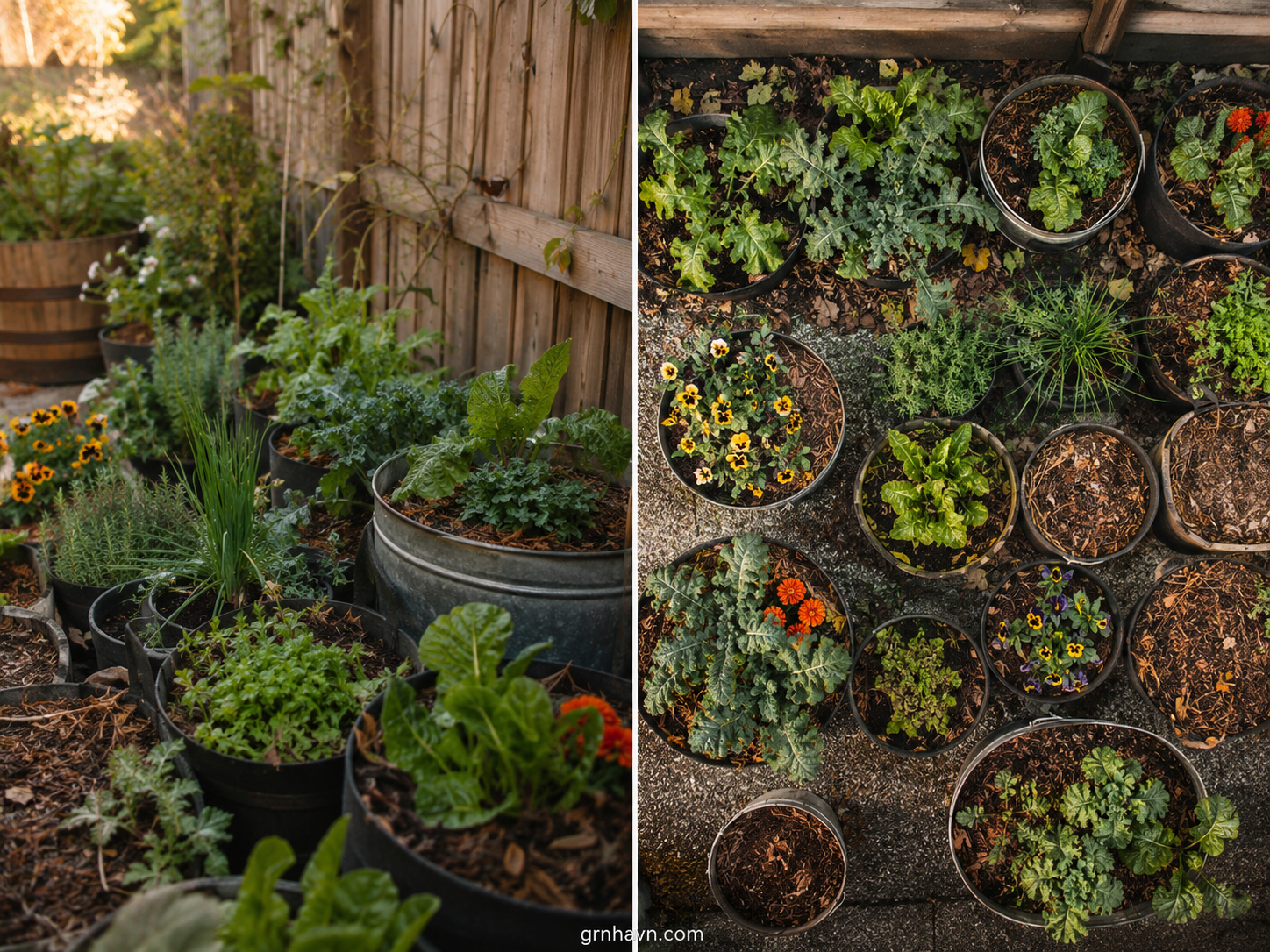Mixed container garden winterized with mulch and sheltered placement