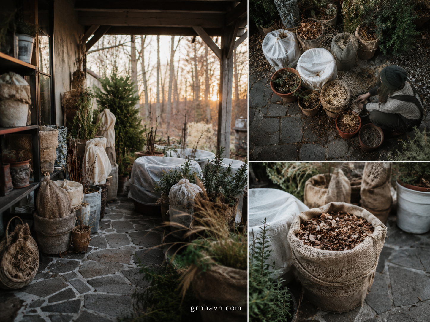 Garden containers wrapped and placed in a sheltered winter spot