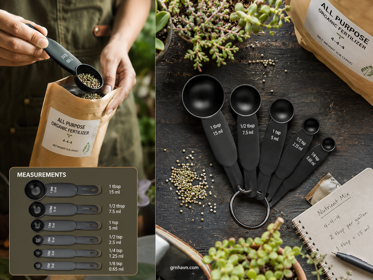 Measuring spoons for fertilizer dosing with ml and tbsp accuracy