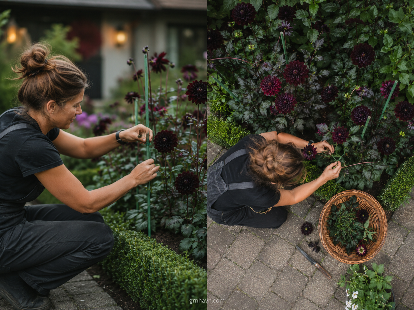 Maintenance for black dahlia flowers including staking airflow and deadheading
