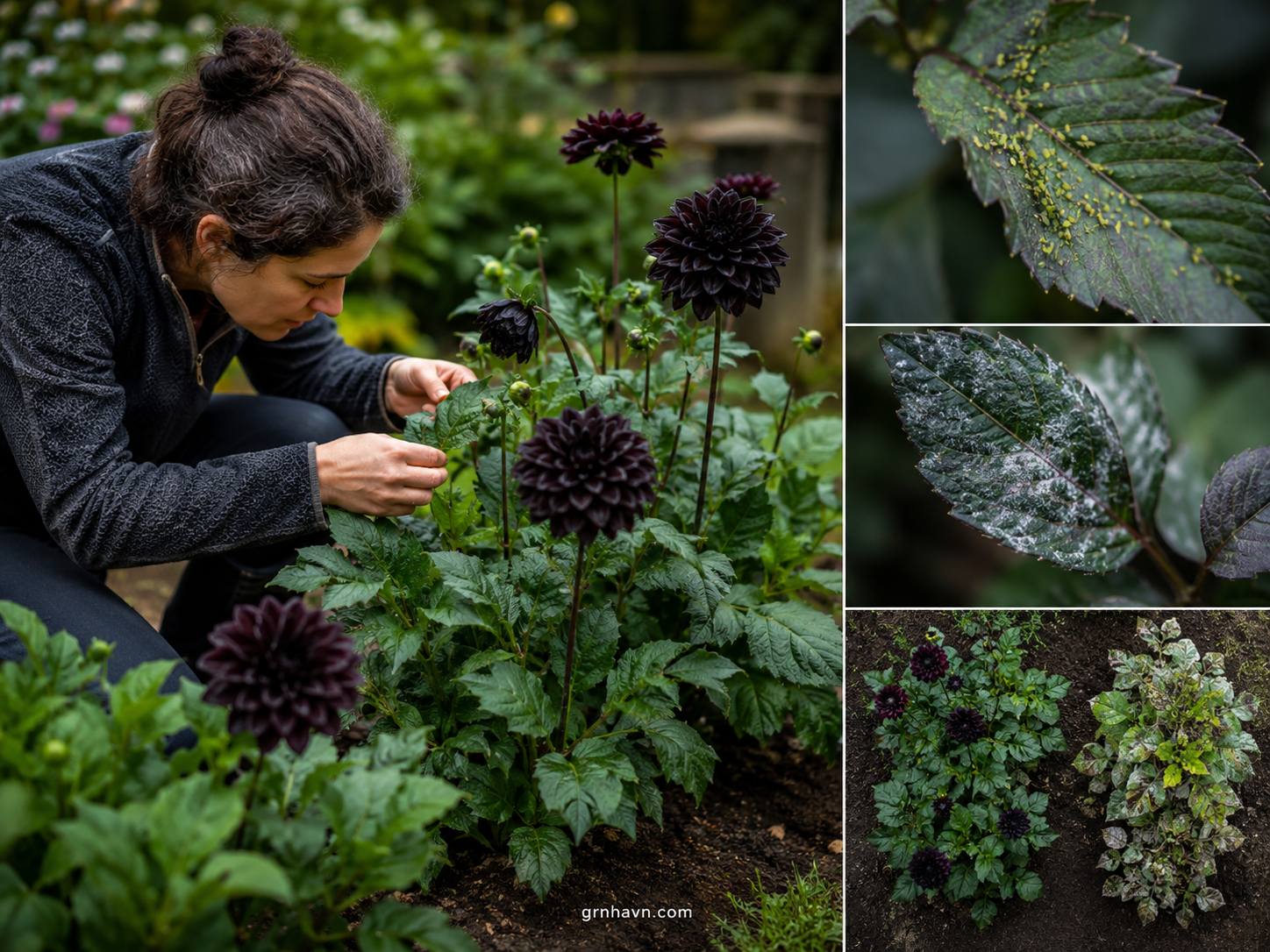 Troubleshooting black dahlia flowers with mildew prevention rot control and pest checks
