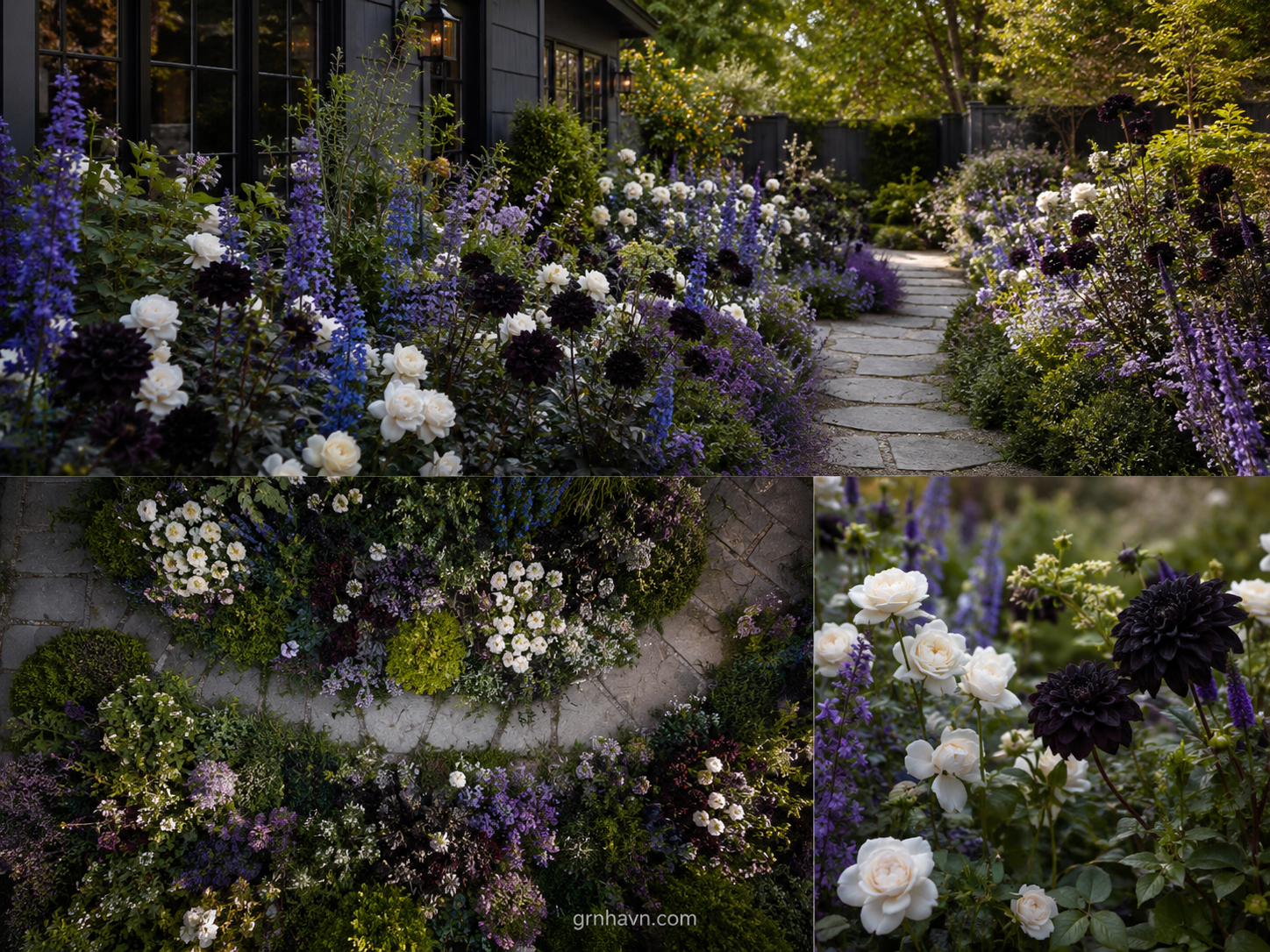 Color pairing ideas with black dahlia flowers using purple blue and white flower schemes