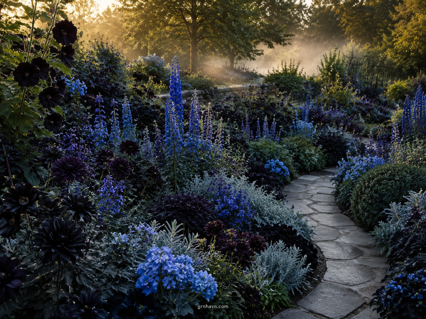 Black and blue flowers creating a cool cinematic garden palette with dark bloom contrast