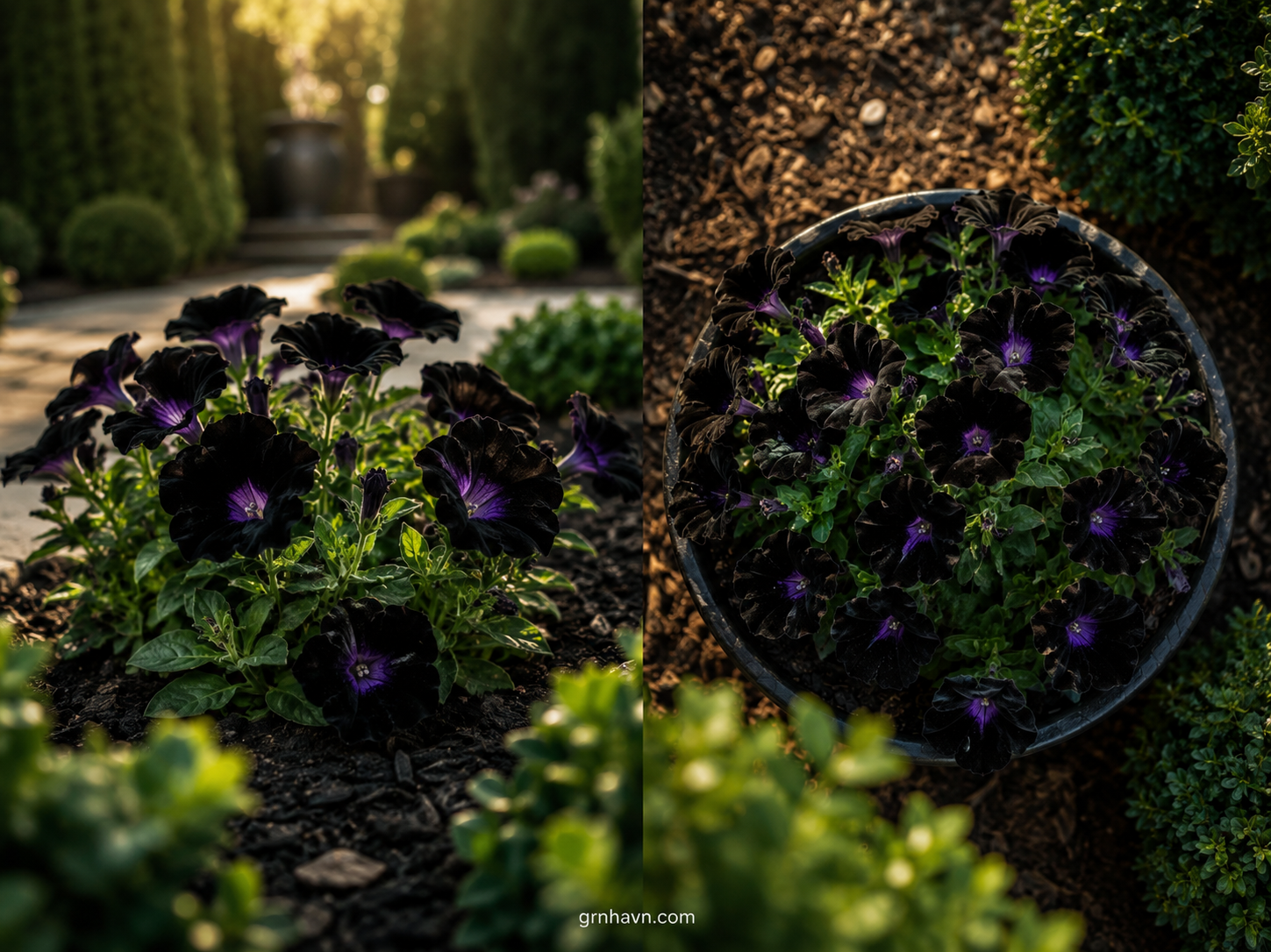 Black and purple flower bed with near-black florals and violet companions for a rich nighttime look