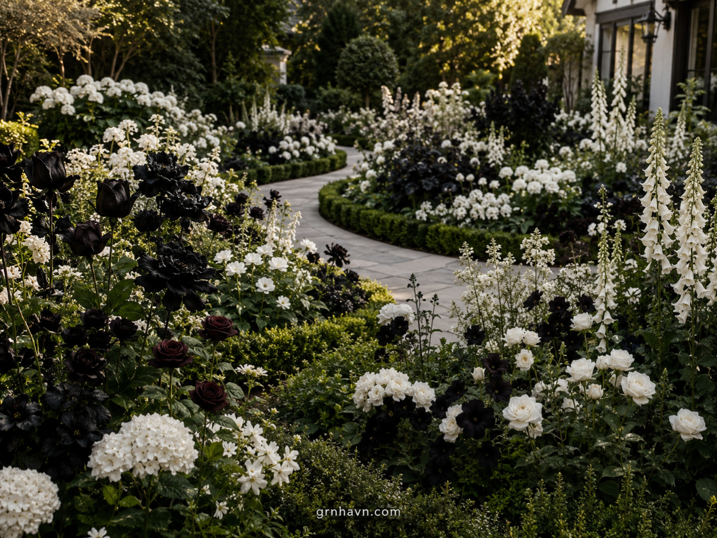Black and white flowers used as crisp accents around near-black blooms for garden borders