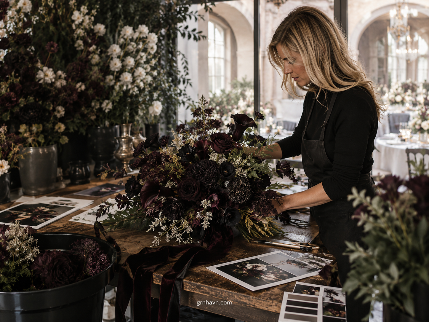 Near-black flowers planted outdoors with deep tones and moody landscaping