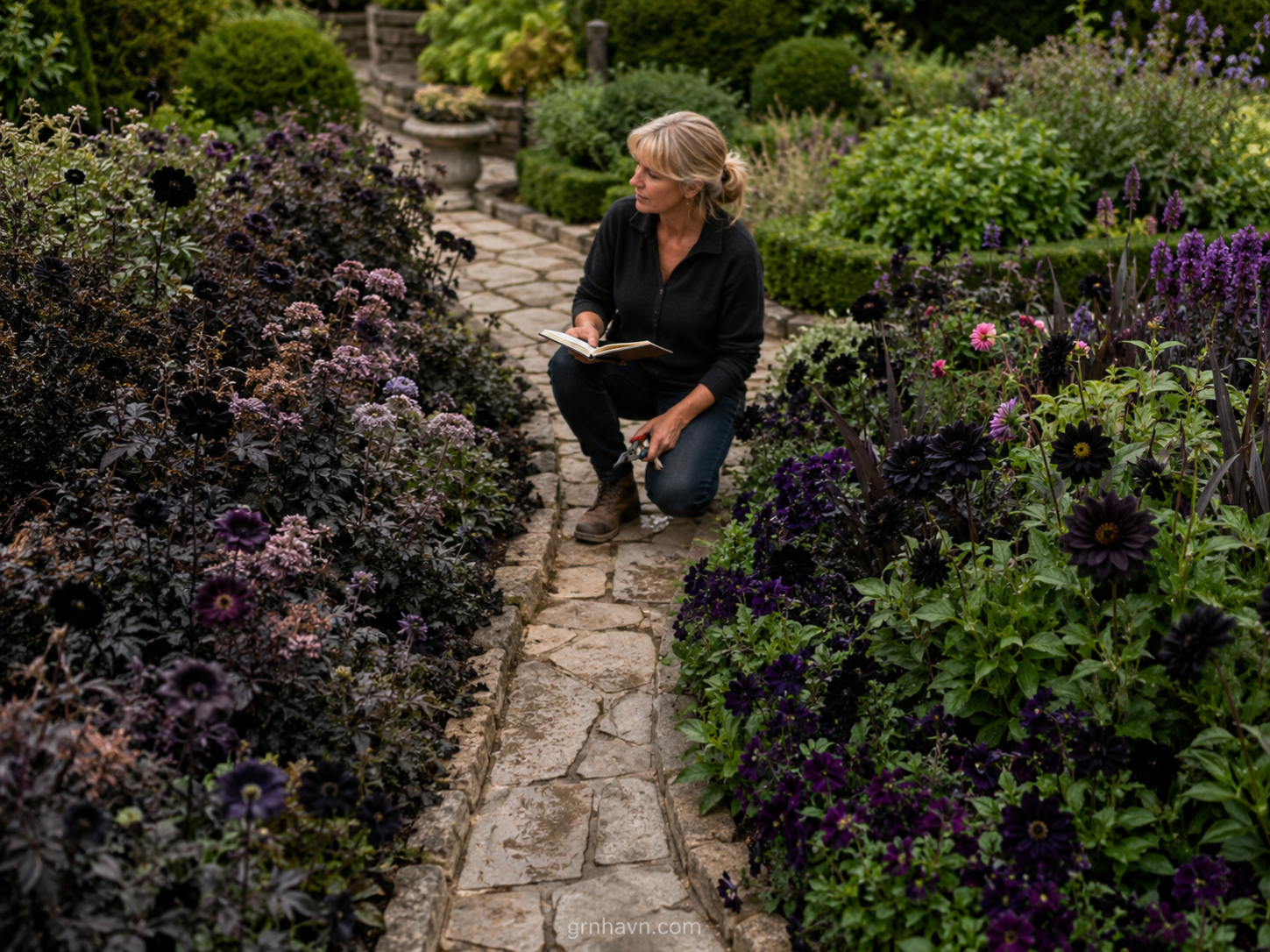 A garden bed showing a balanced near-black floral palette with proper contrast and spacing