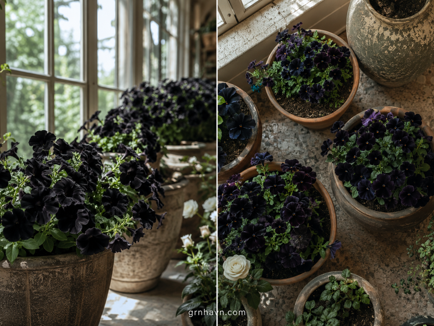 Near-black indoor blooms in pots with bright window light