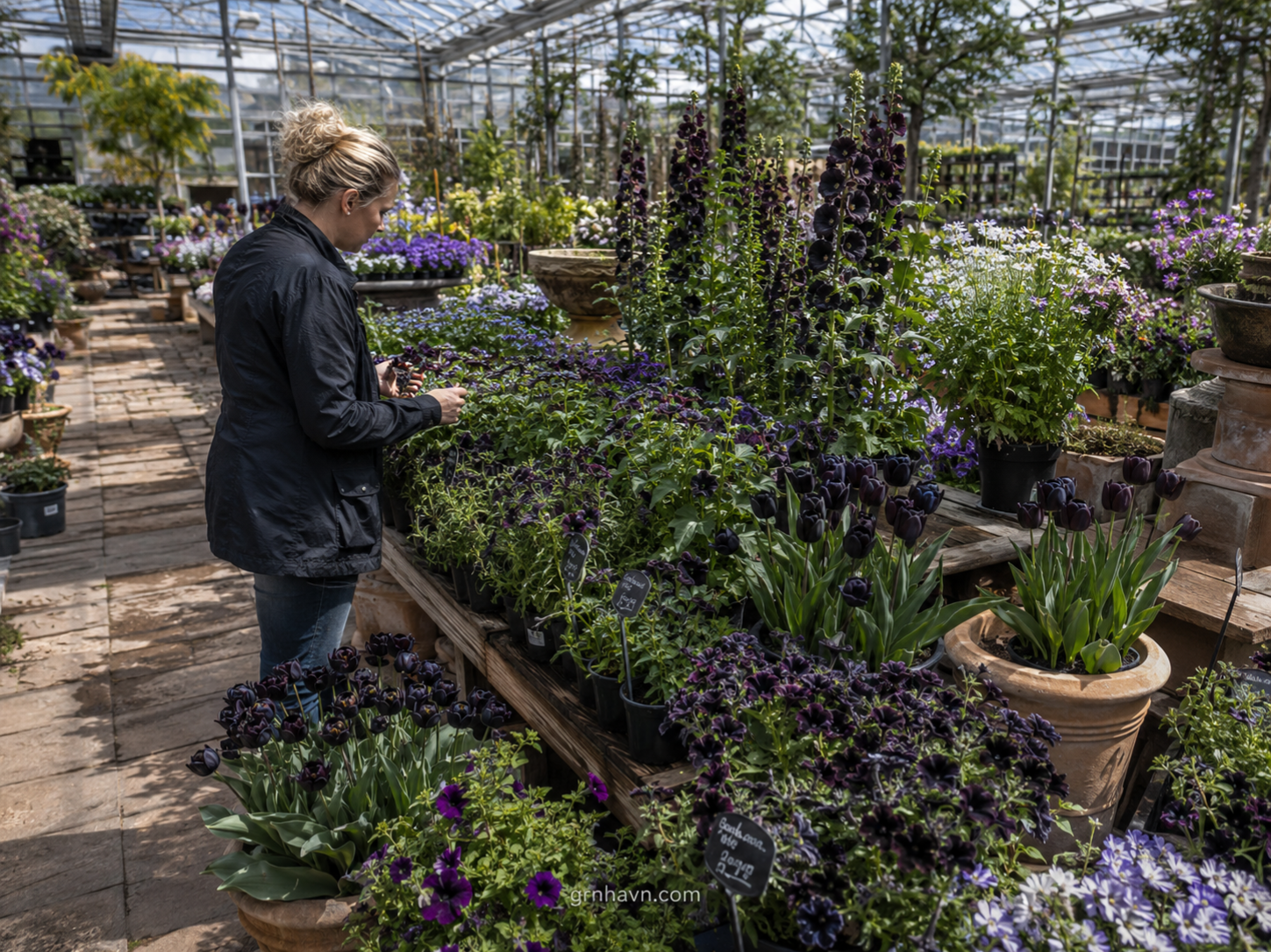Black flowers and purple flowers at a garden center, showing how to choose near-black varieties for rich color