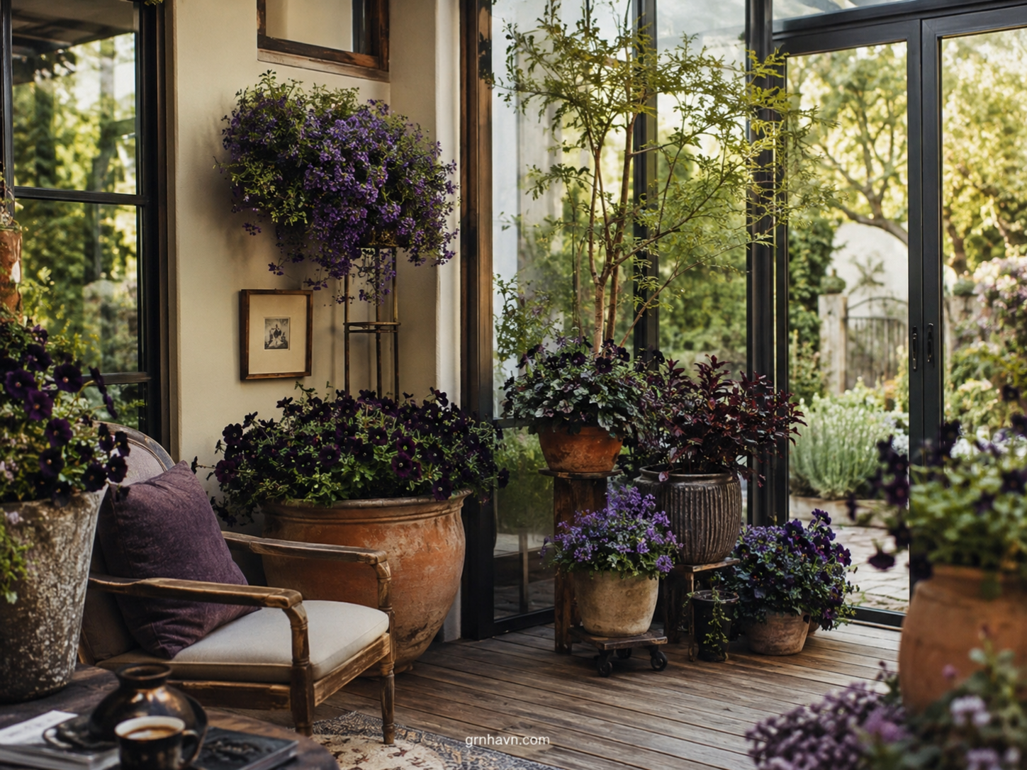 Indoor planter with black and purple flowers in a bright, high-contrast container setup