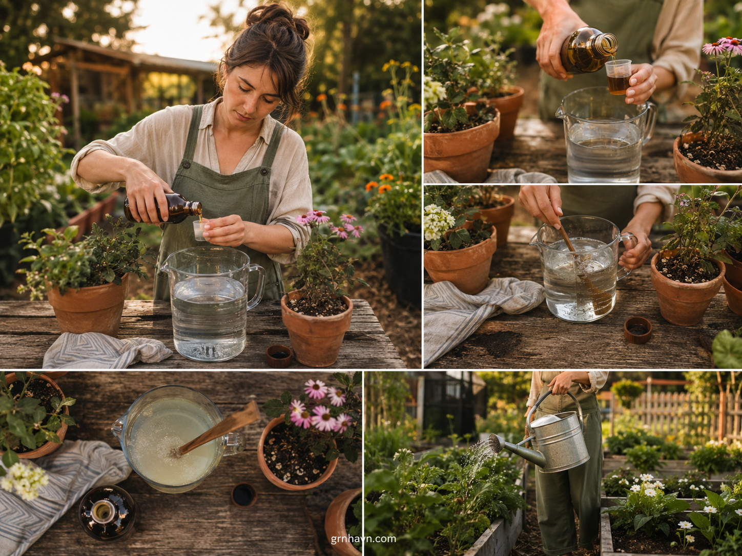 Step-by-step liquid fertilizer dilution guide with tablespoons per gallon