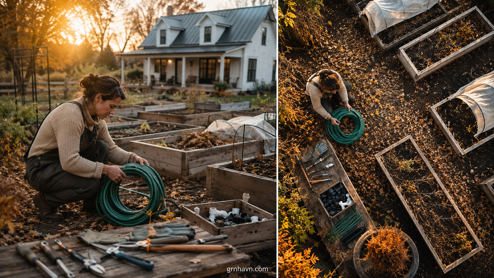 Winter garden hose and sprinkler system being prepared for cold weather