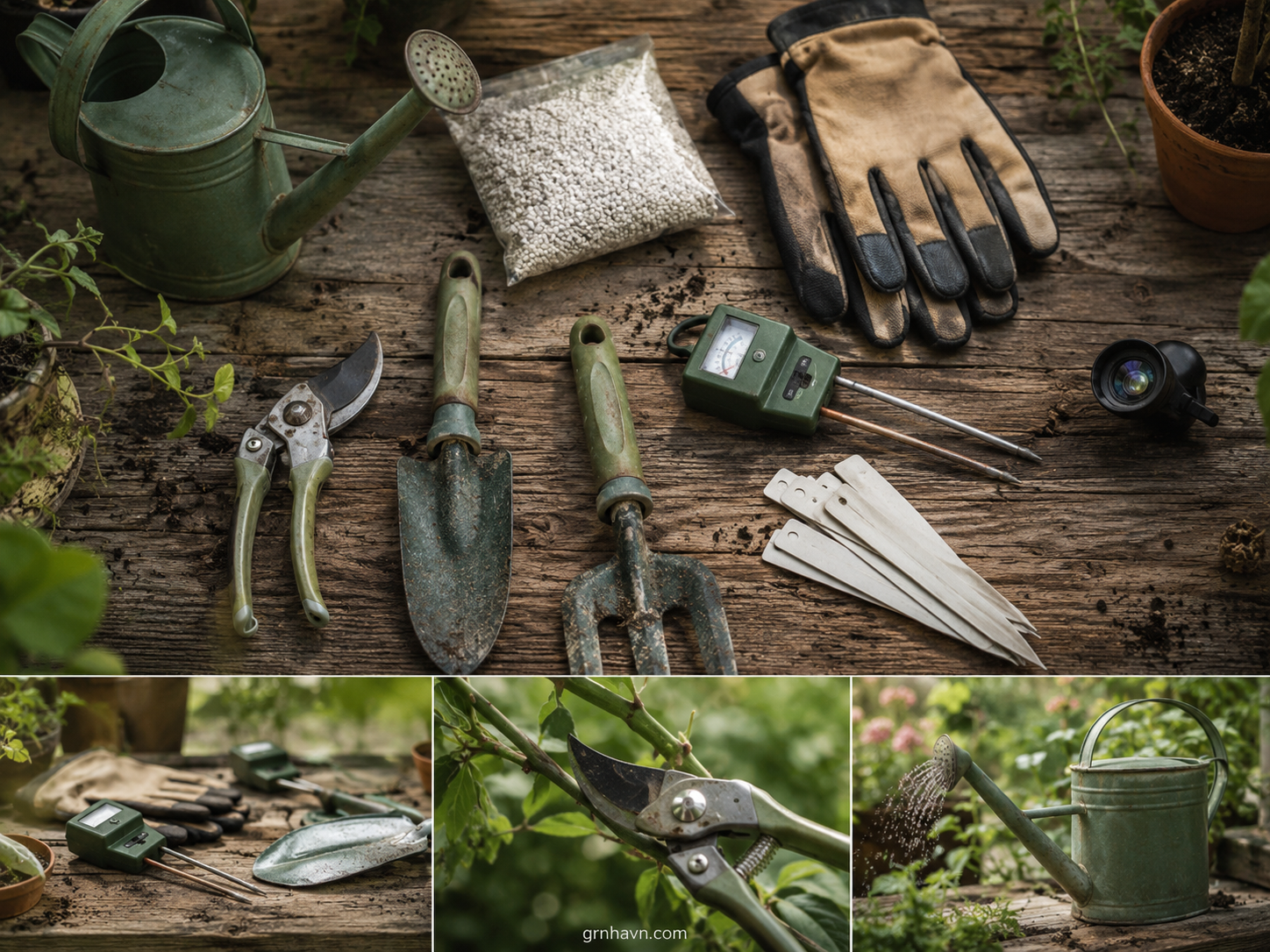 Gardening essentials list including pruning shears, gloves, plant labels, and watering can