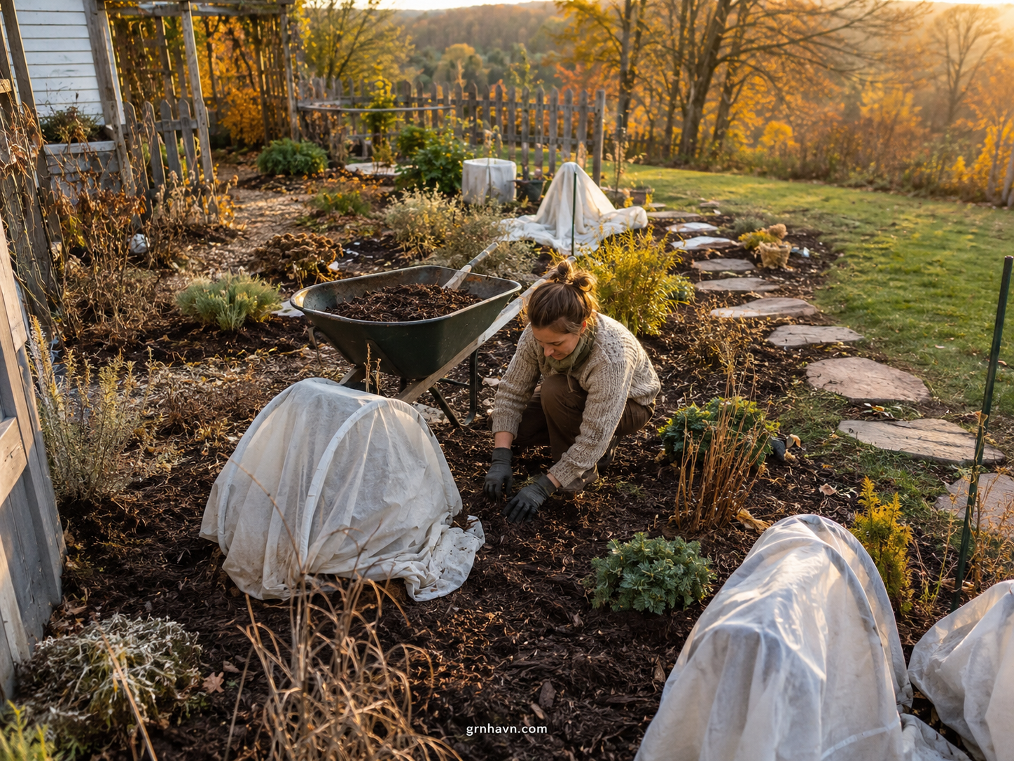 Outdoor plants under breathable frost protection and mulch