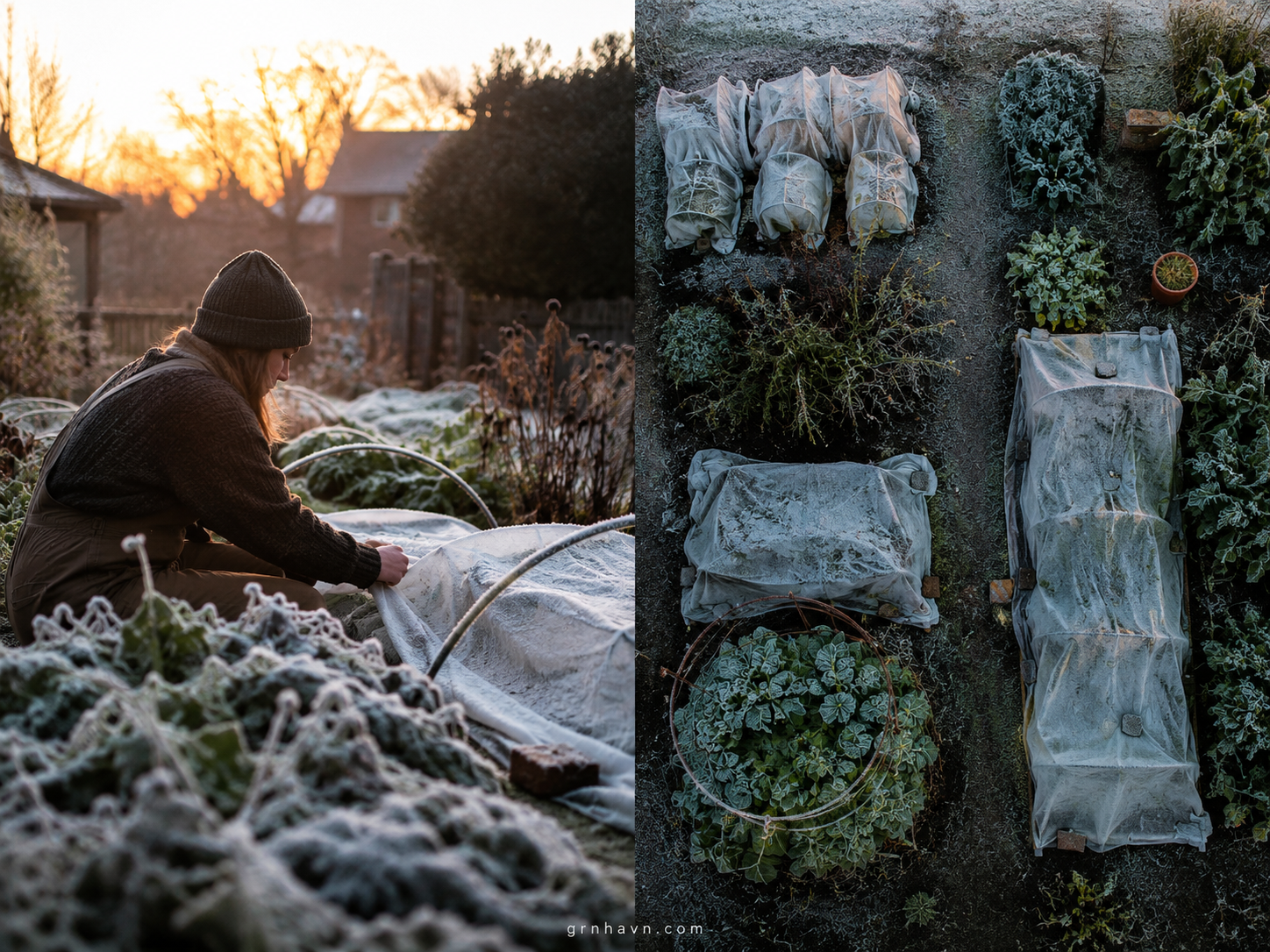 Garden plants protected from frost with cloches and mulch