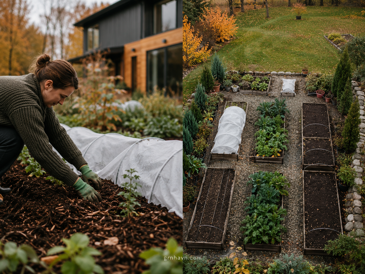 A winter-ready garden bed with mulch and protected plants