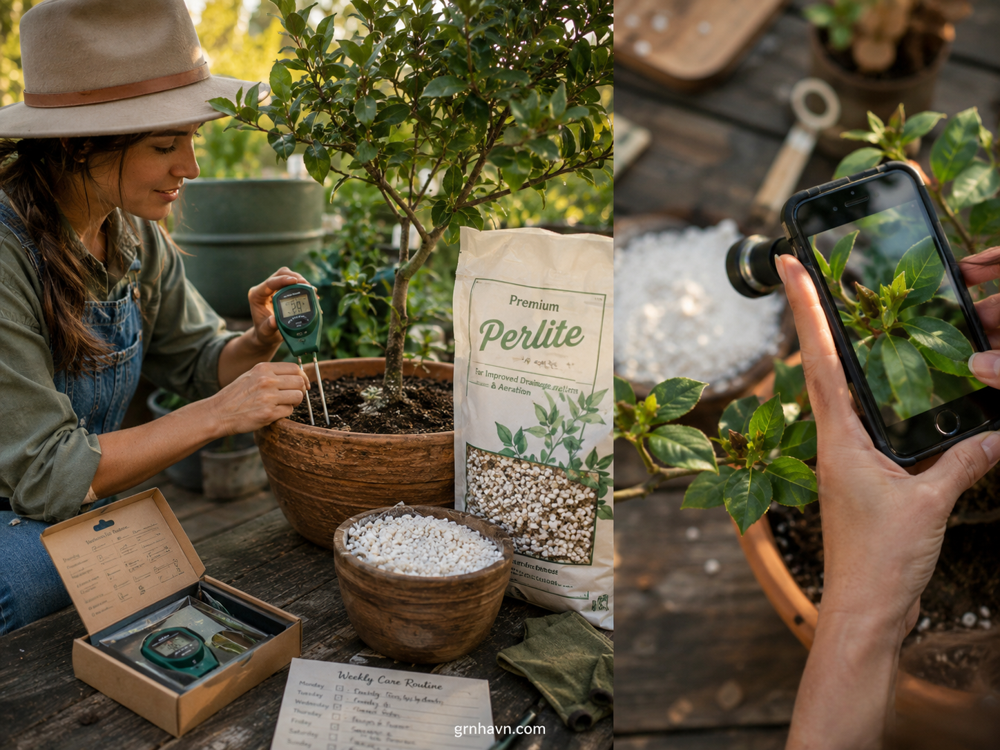 A weekly routine for plant monitoring, soil improvement, and macro documentation