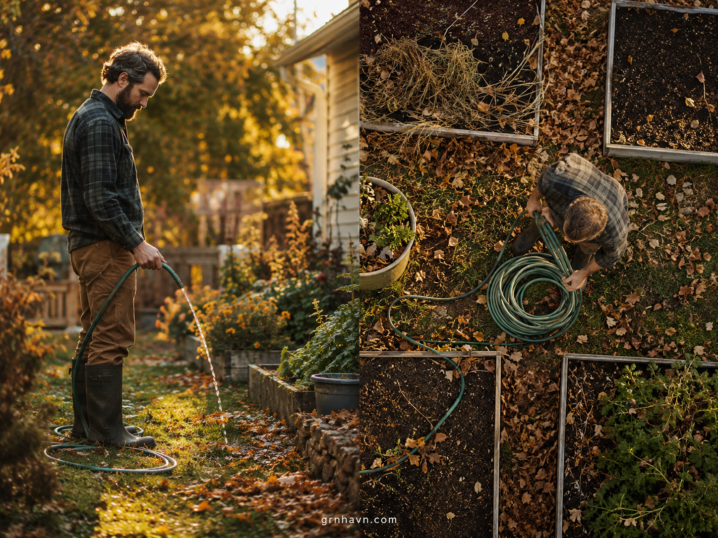 Garden hose drained and coiled for winter storage