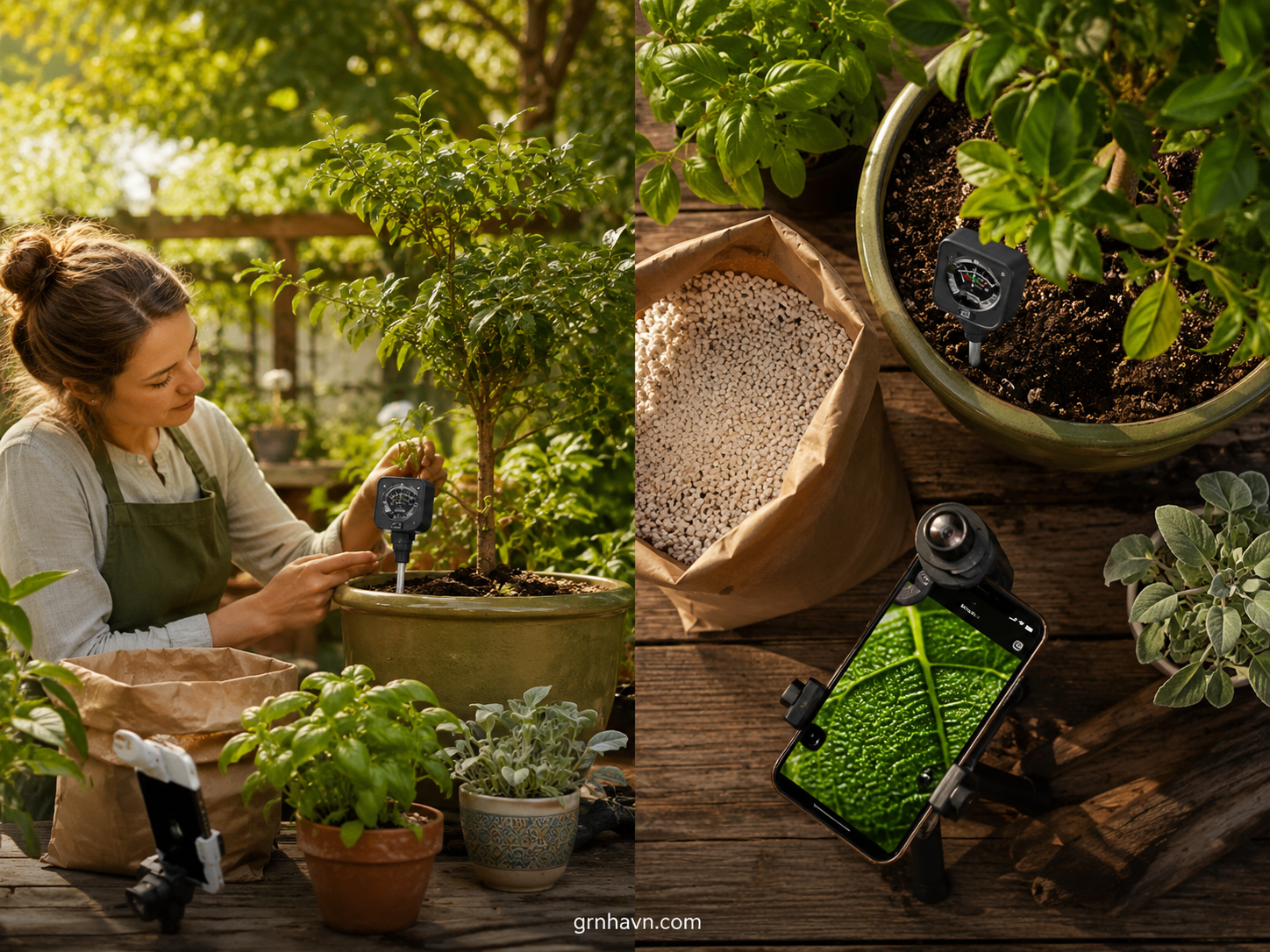 Gardening tools for plant care: 4-in-1 soil meter, perlite potting mix, and smartphone macro lens