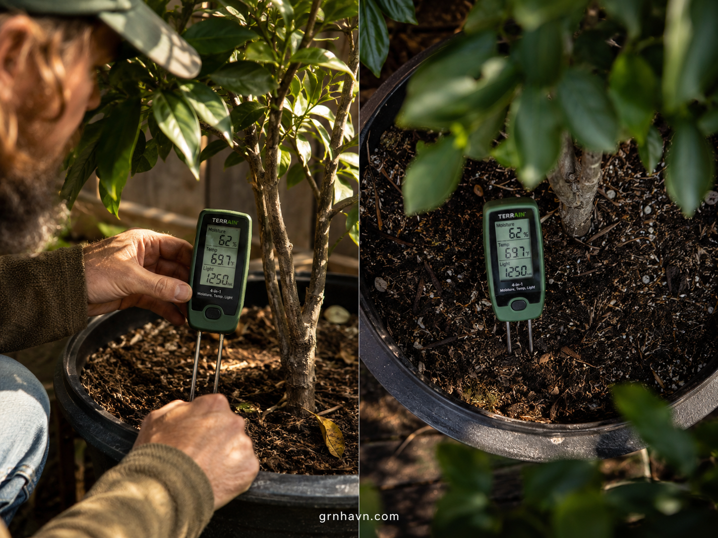 4-in-1 moisture temperature light meter measuring plant care conditions