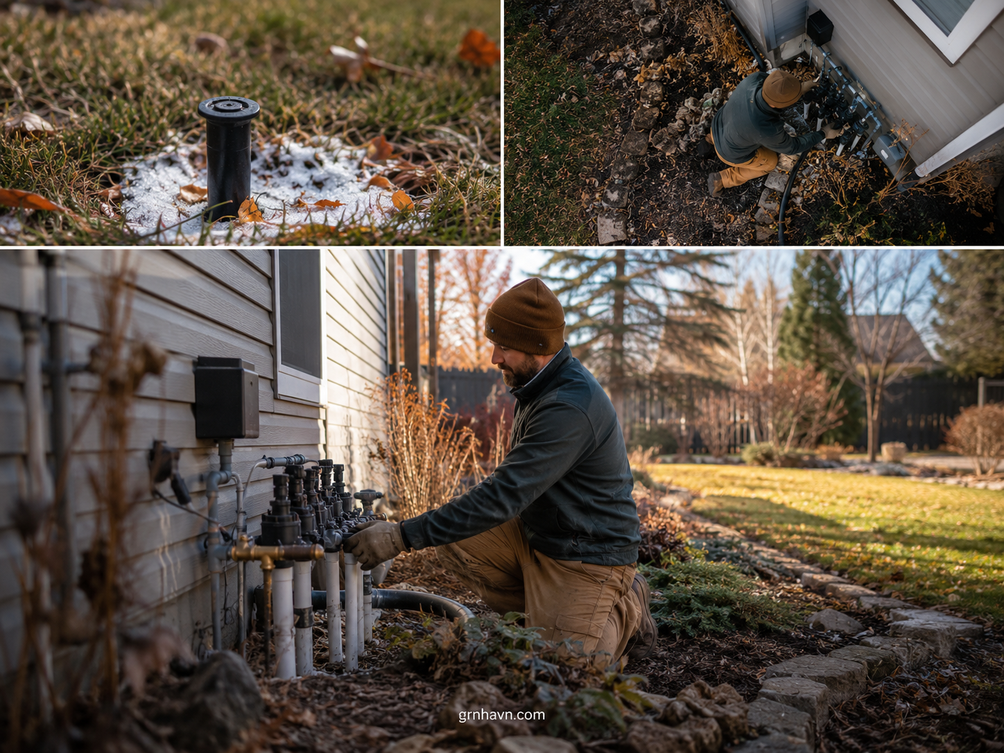 Sprinkler heads and irrigation lines being prepared for winter
