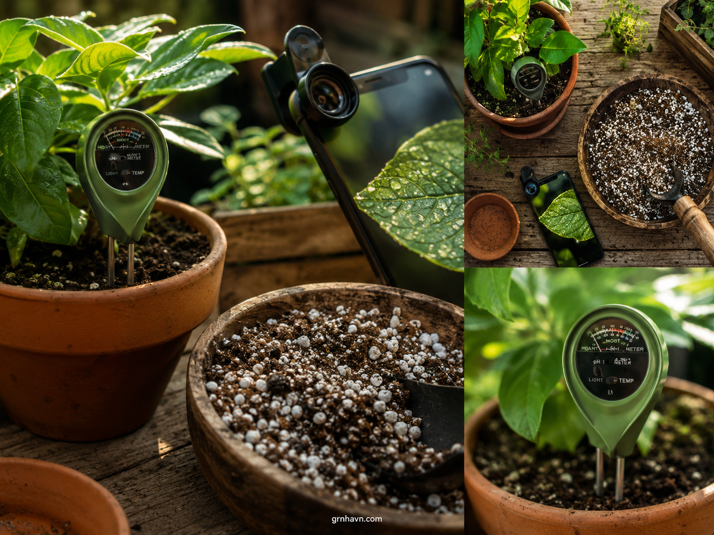 Comparison hub table for best gardening tools: plant meter, perlite potting mix, and macro lens