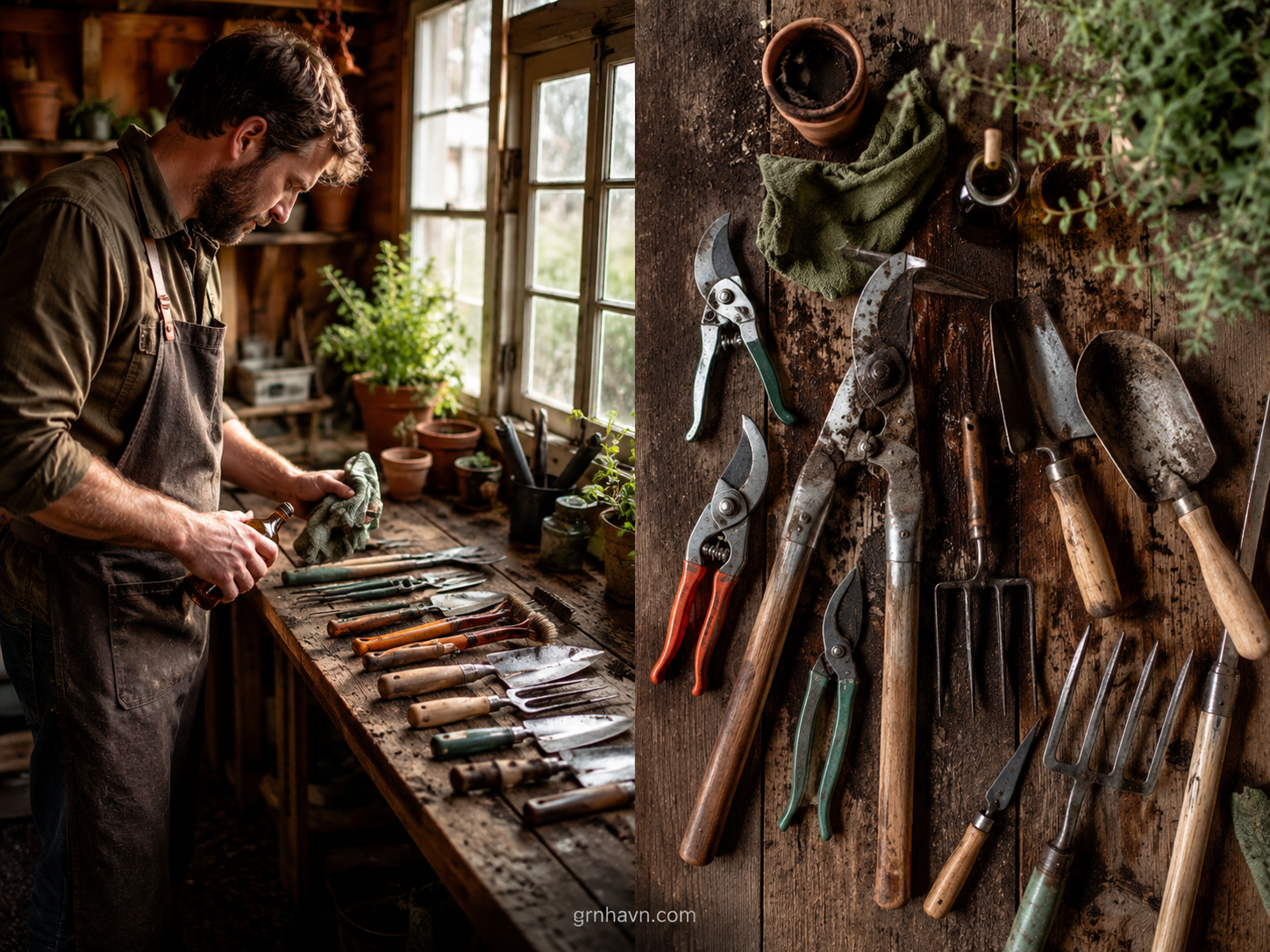 Garden tools cleaned and oiled for winter storage