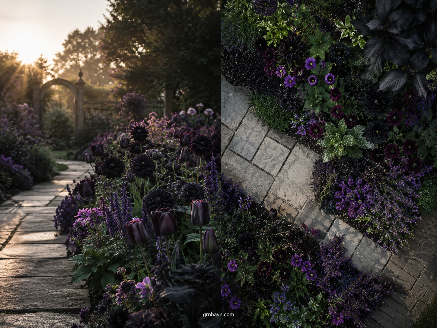 Black and purple flower bed design showing dramatic near-black floral pairings