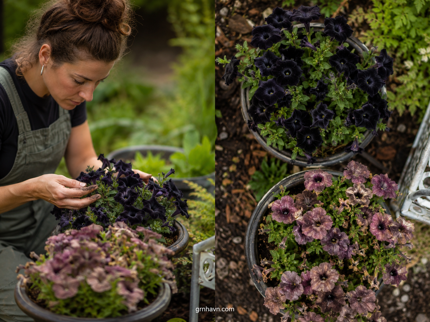 Naturally black flowers in a garden bed with deep purple near-black blooms