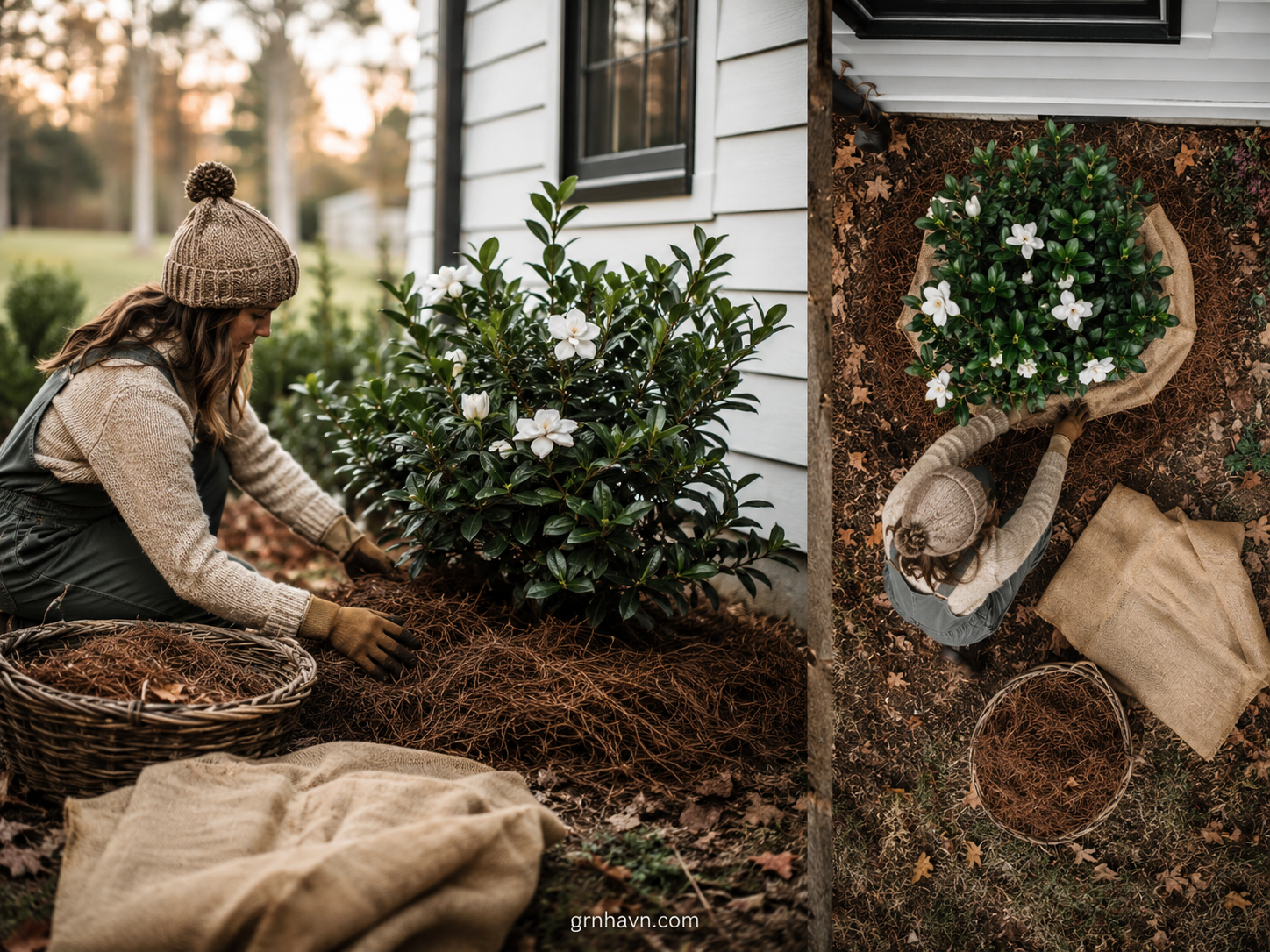Gardenia bush wrapped with breathable protection for winter