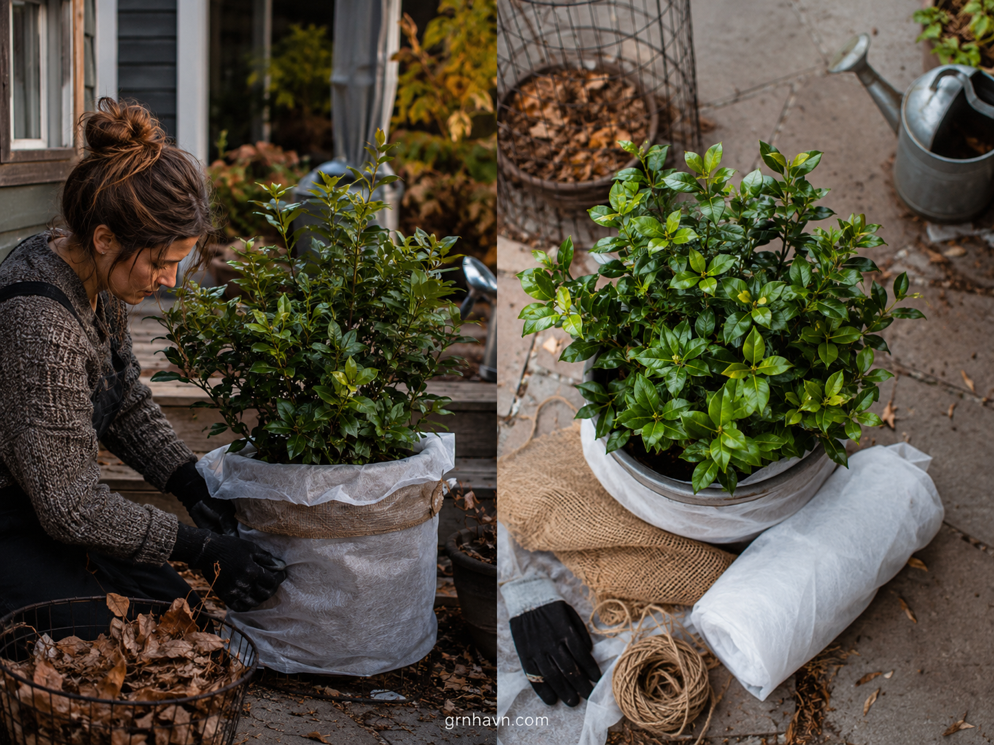 Gardenia plant in container protected for winter