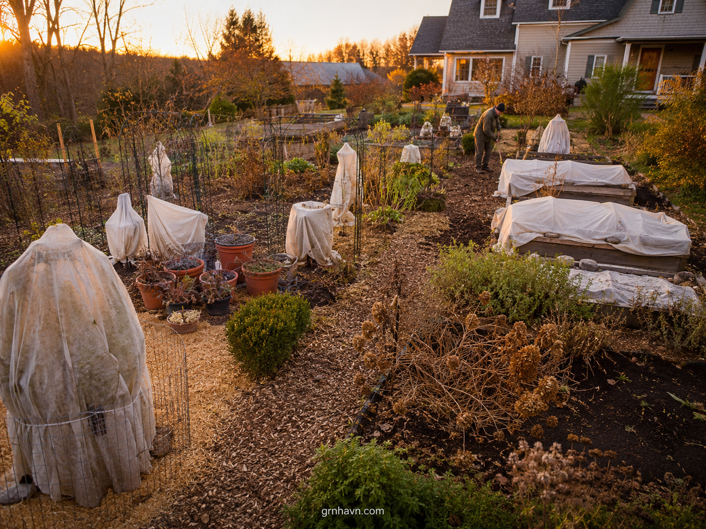 Garden plants protected with mulch and frost covers