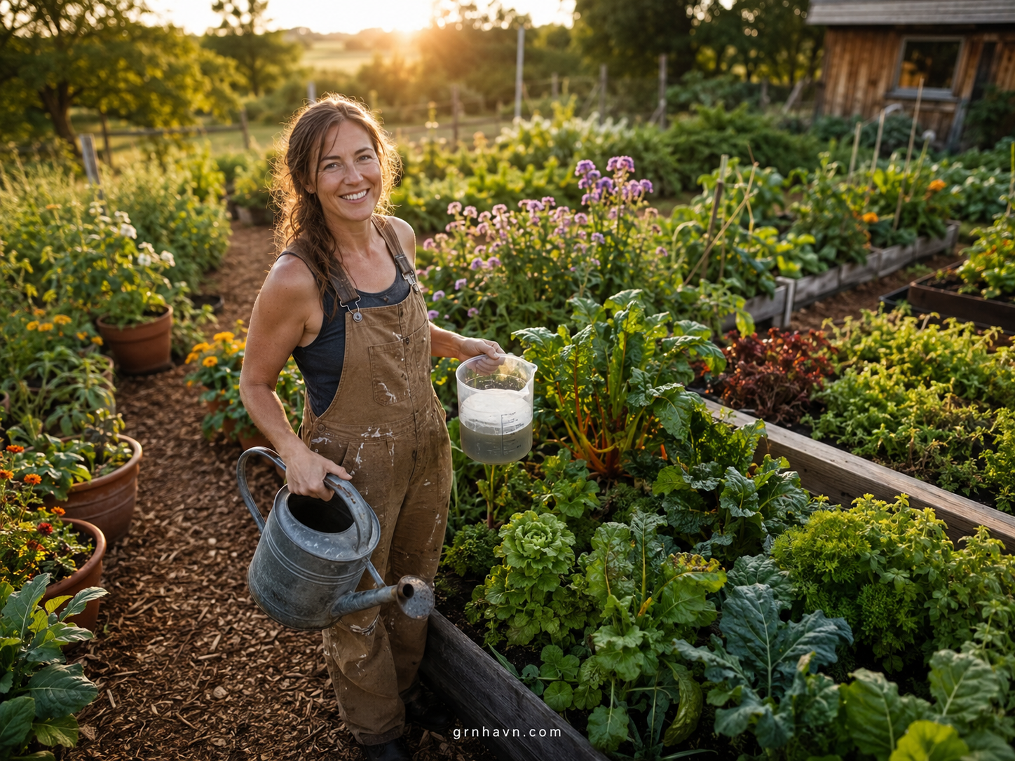 Step-by-step liquid fertilizer dilution guide with tablespoons per gallon