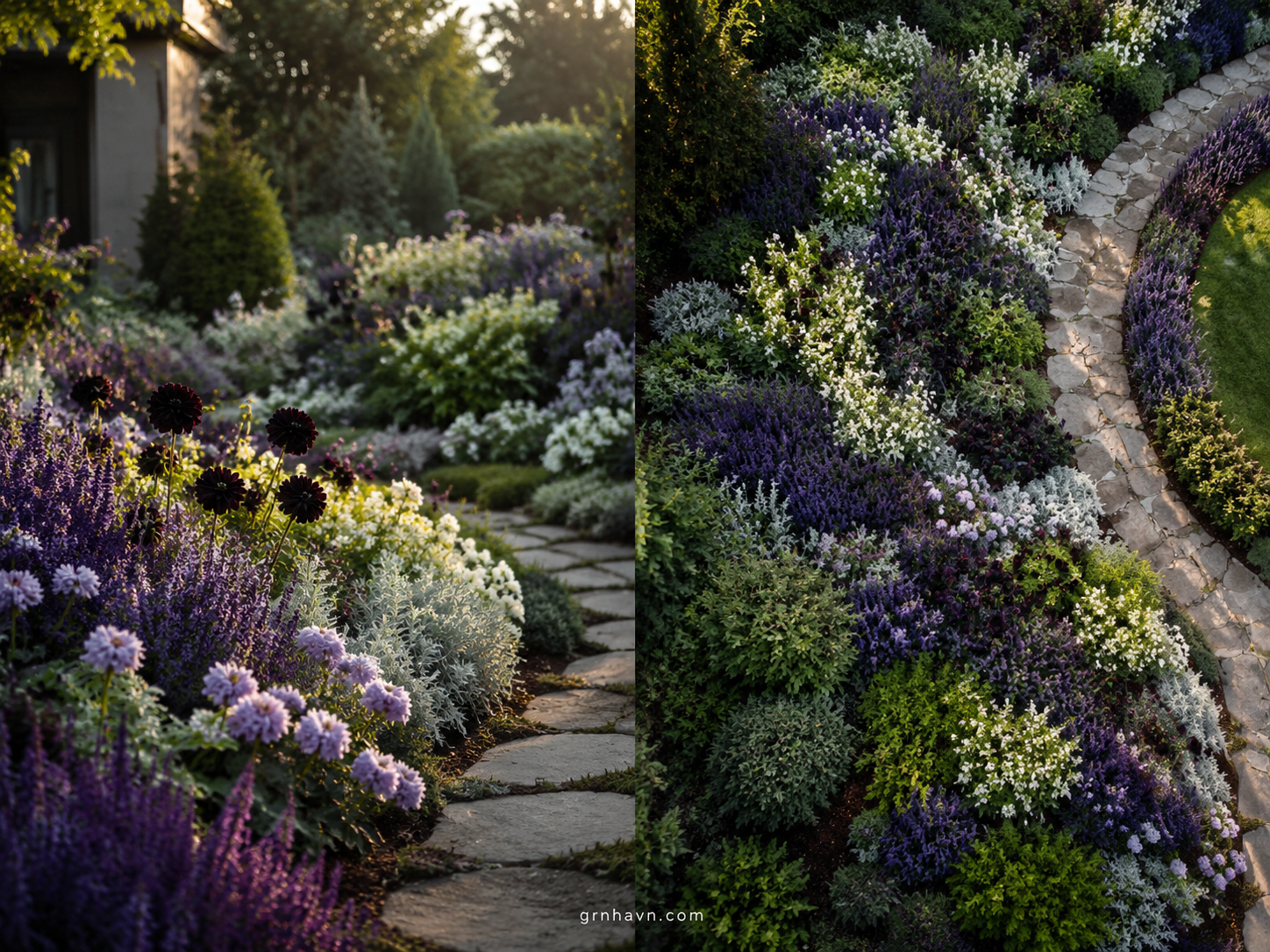 Near-black and purple flowers creating dramatic contrast in a garden border